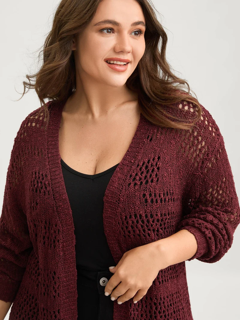 Textured Cut-Out Open-Front Knit Cardigan