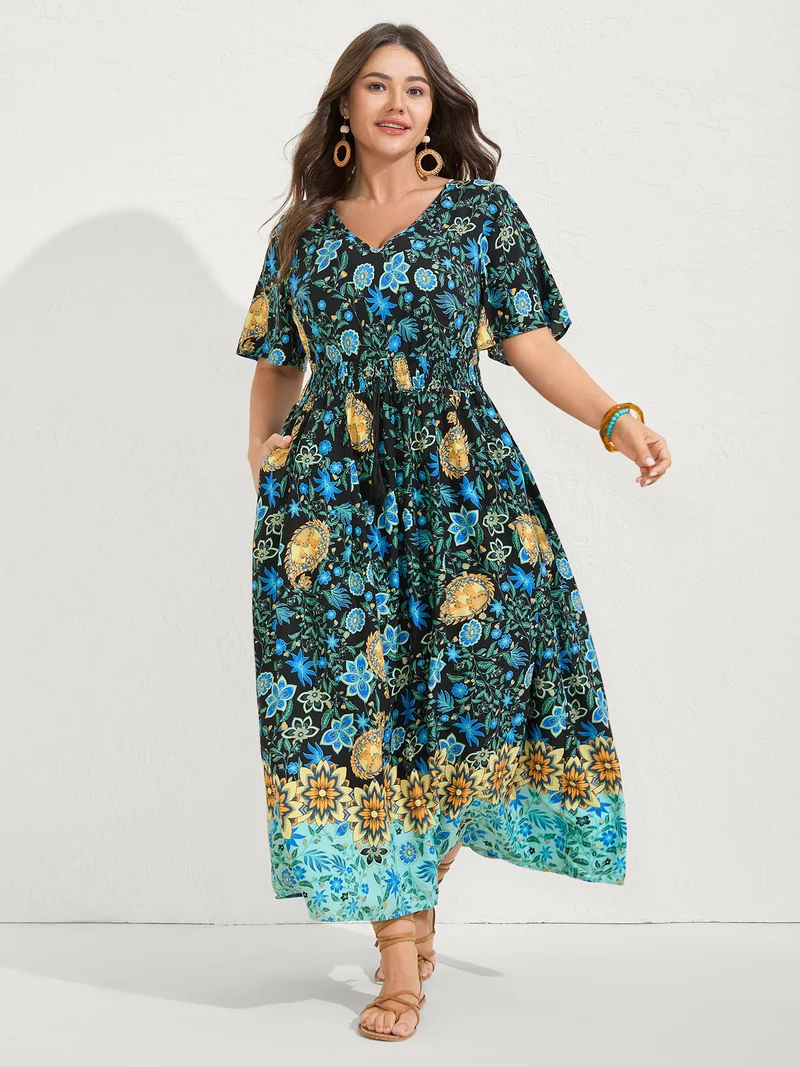 Rayon Paisley Print Shirred Midi Dress