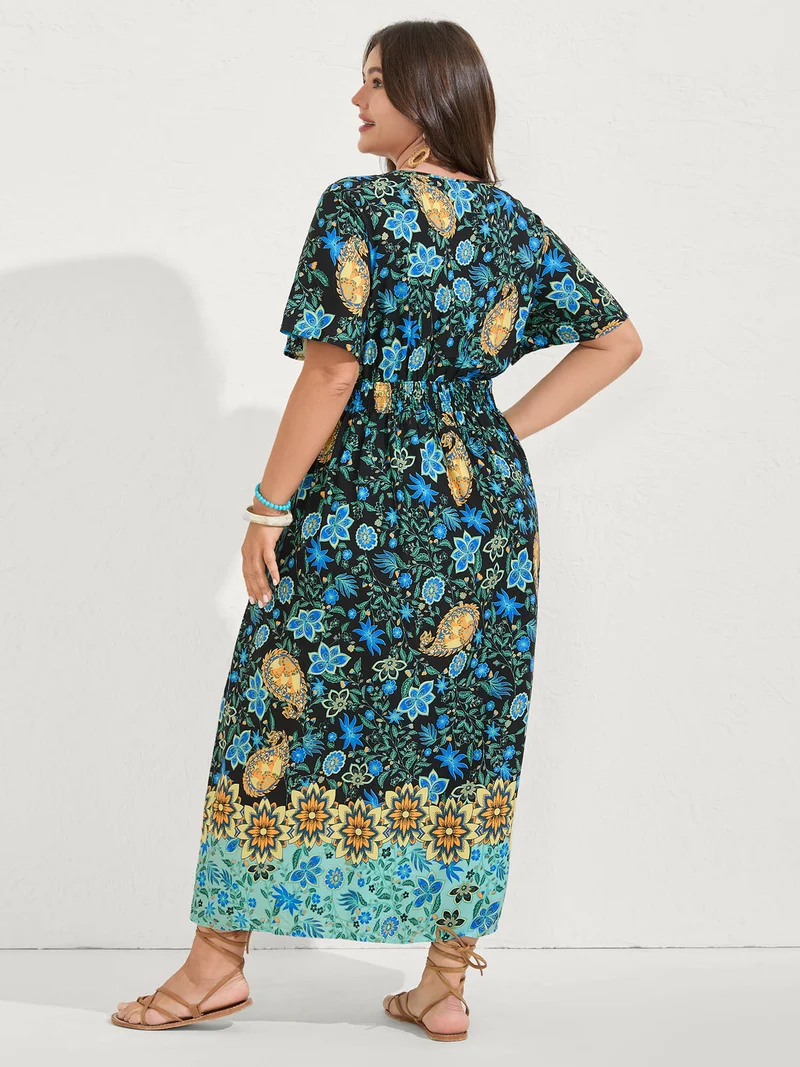 Rayon Paisley Print Shirred Midi Dress