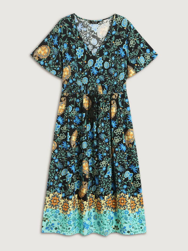 Rayon Paisley Print Shirred Midi Dress