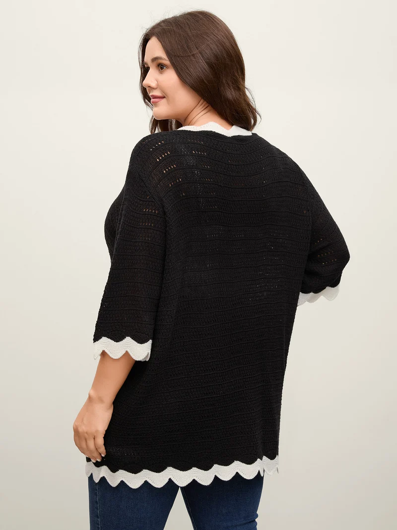 Wavy Edge Color Contrast Tied Lightweight Cardigan