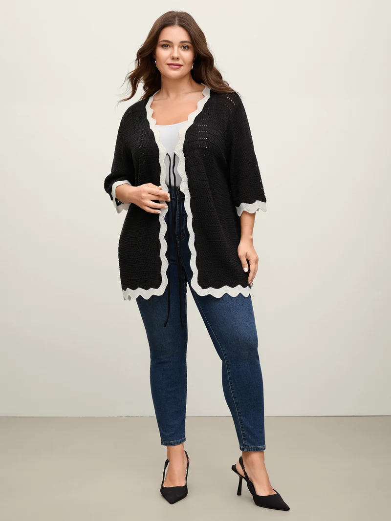 Wavy Edge Color Contrast Tied Lightweight Cardigan