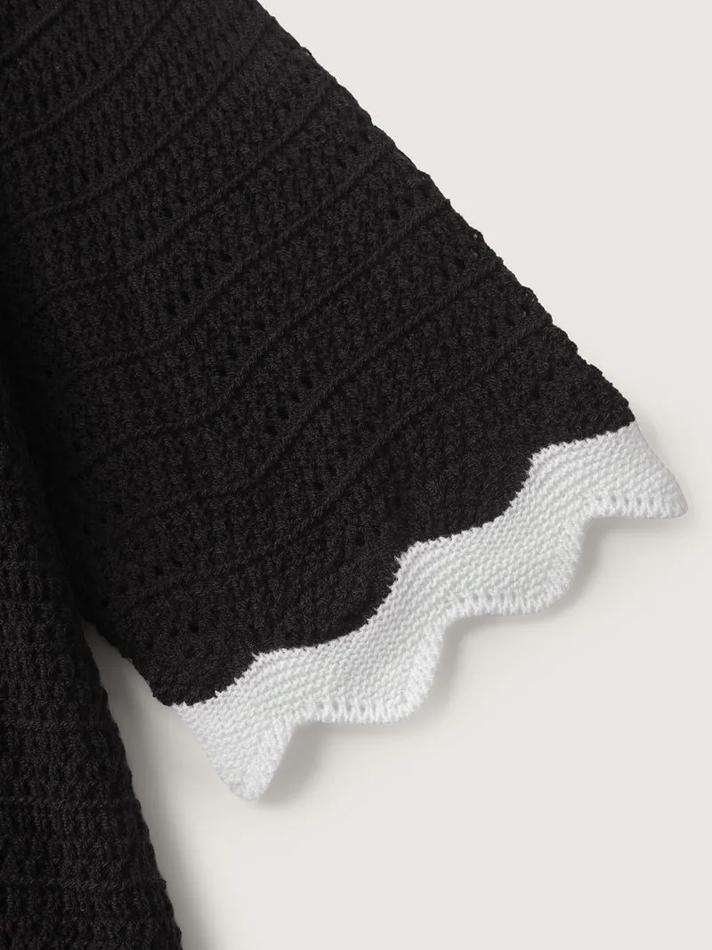 Wavy Edge Color Contrast Tied Lightweight Cardigan