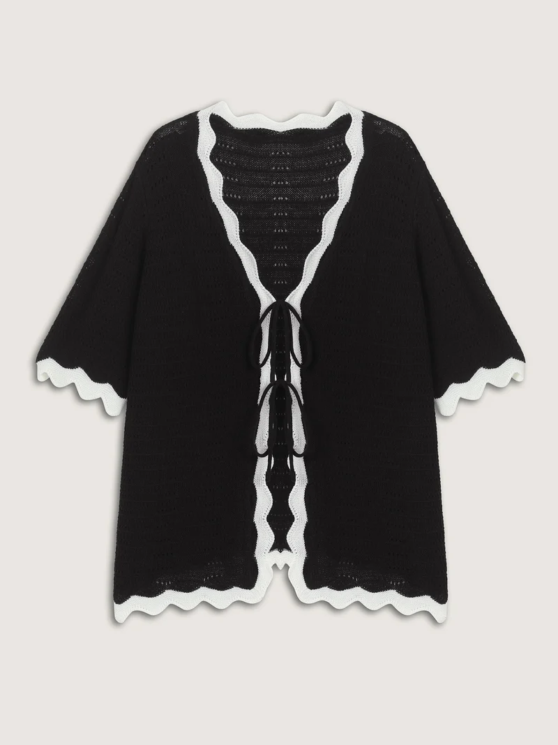 Wavy Edge Color Contrast Tied Lightweight Cardigan