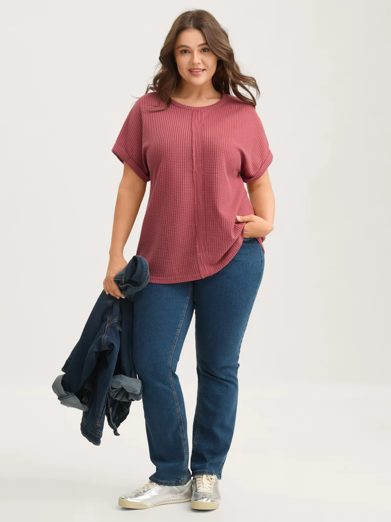 Waffle Seamed Front Solid T-Shirt