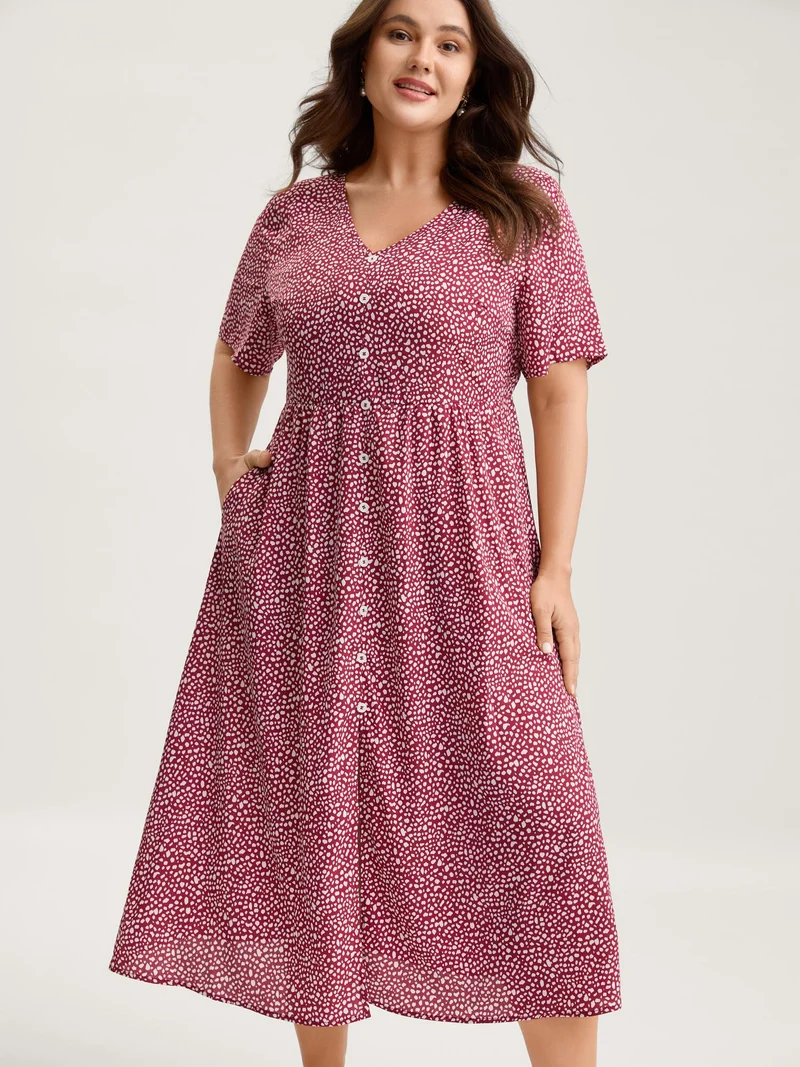Polka Dots Button Front Midi Dress