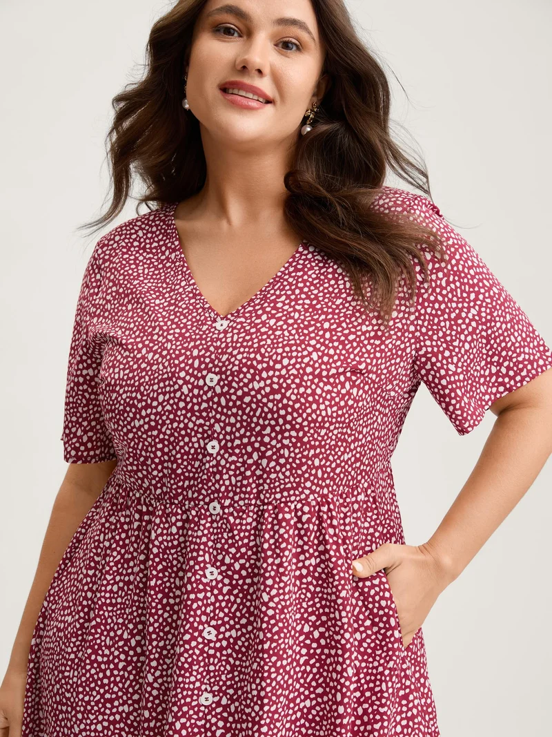 Polka Dots Button Front Midi Dress