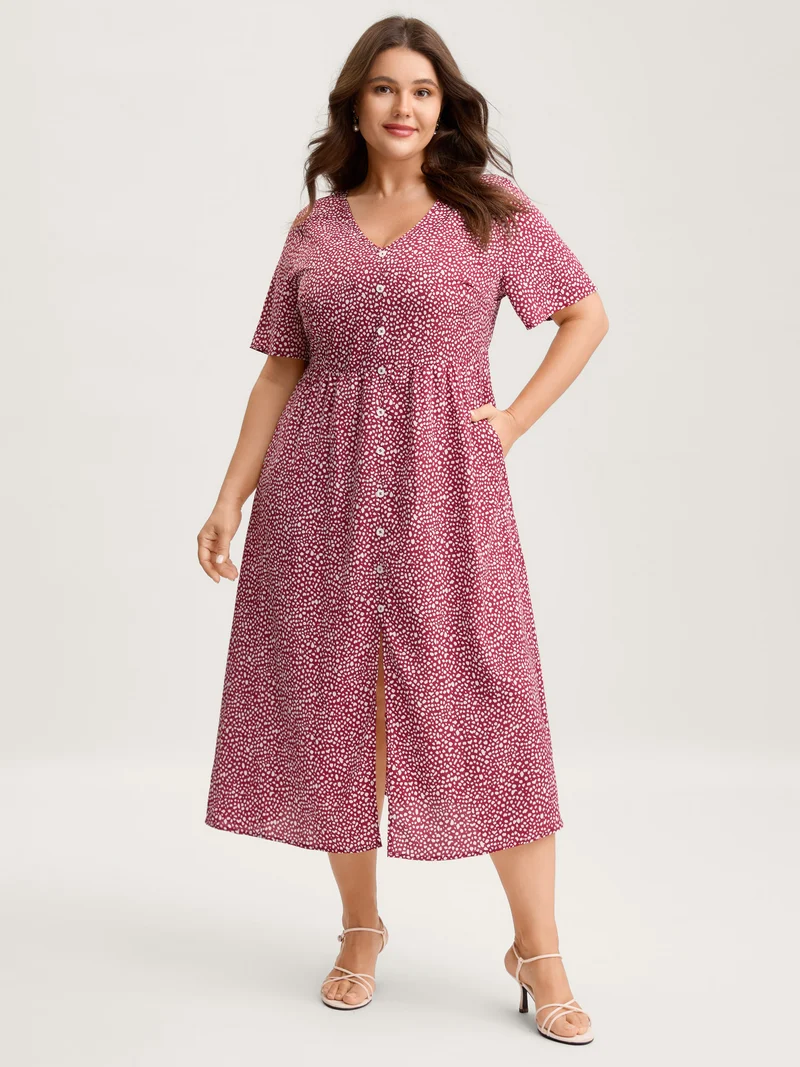 Polka Dots Button Front Midi Dress