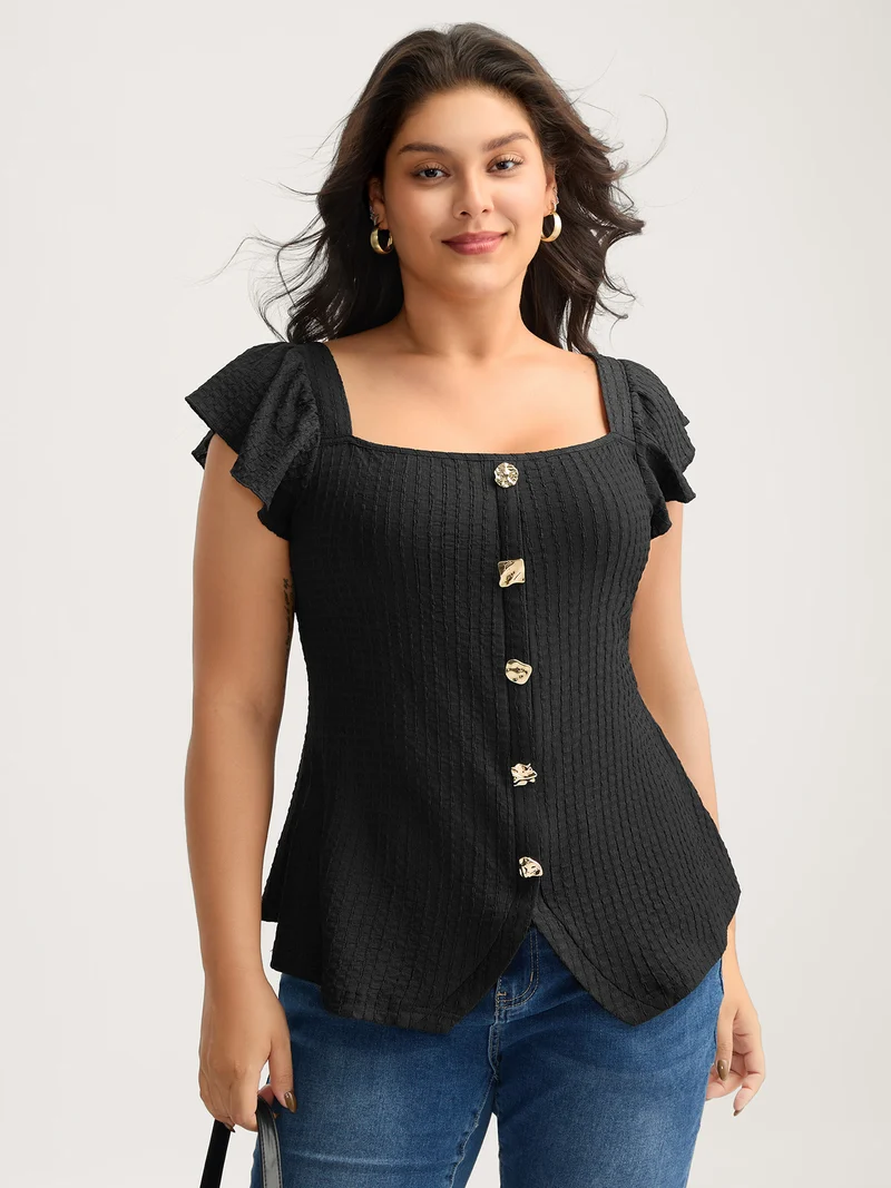 Textured Shape Button Flutter Sleeve Blouse