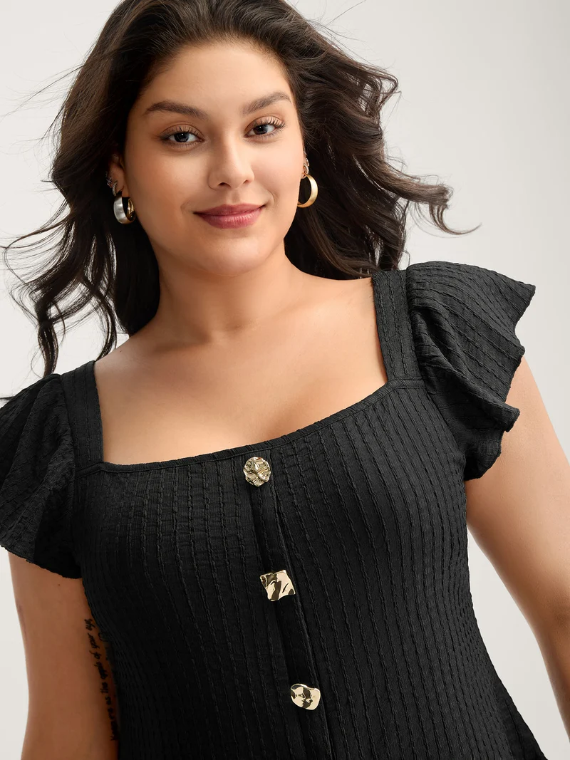 Textured Shape Button Flutter Sleeve Blouse