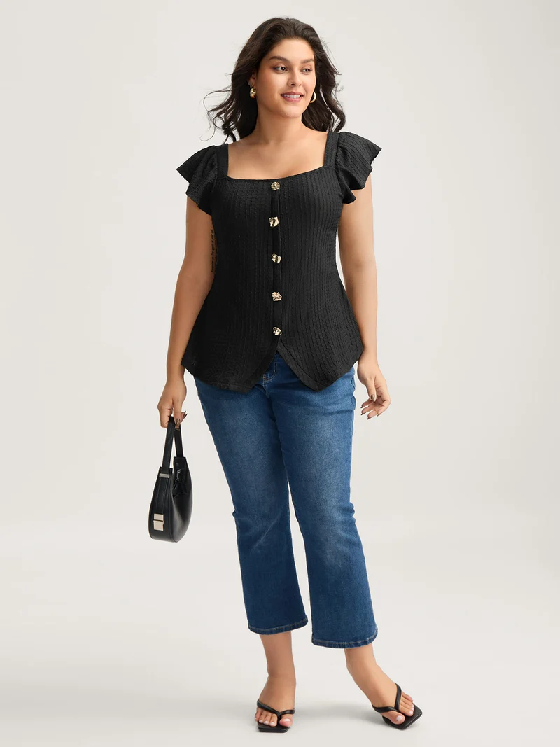 Textured Shape Button Flutter Sleeve Blouse