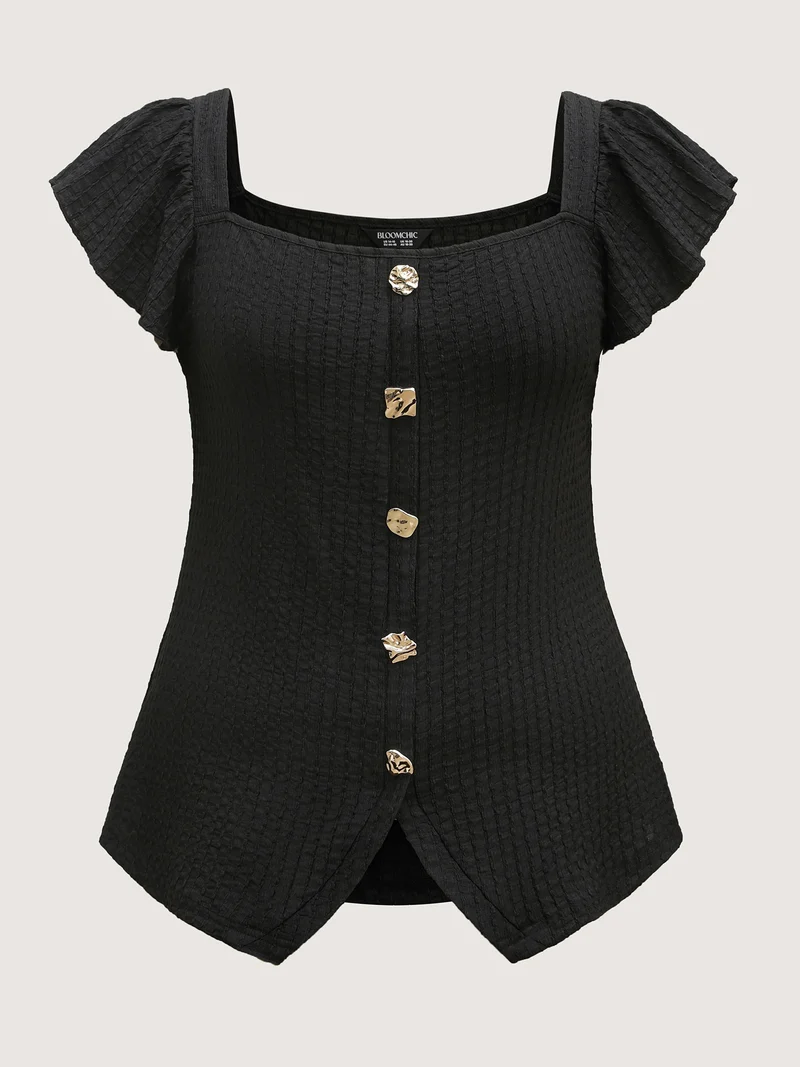 Textured Shape Button Flutter Sleeve Blouse