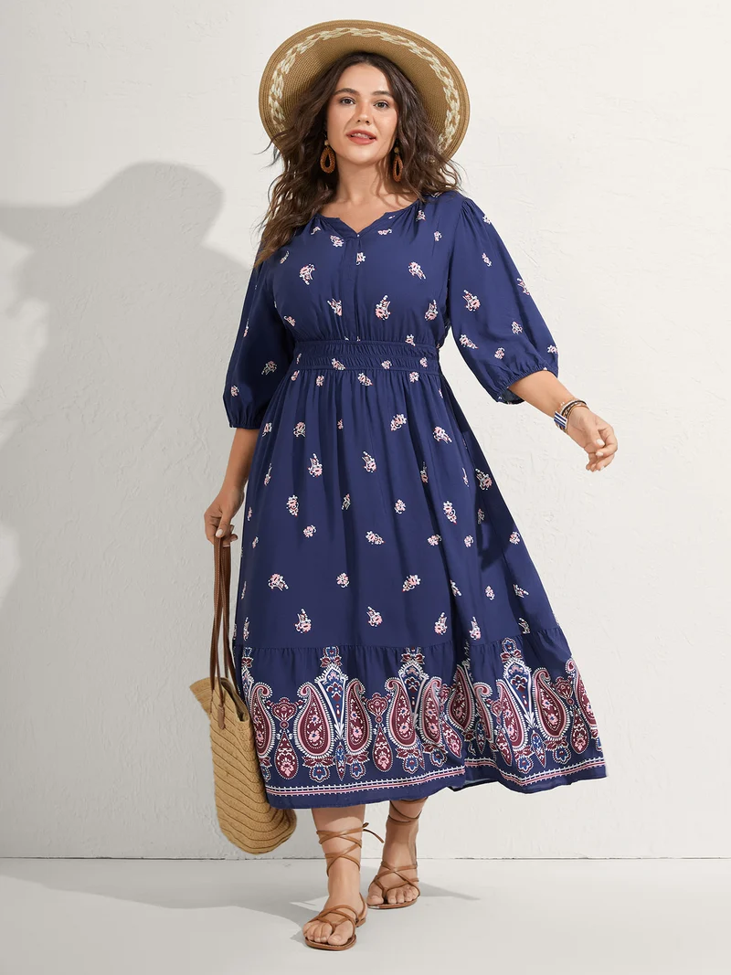 Paisley Print Shirred Waist Midi Dress