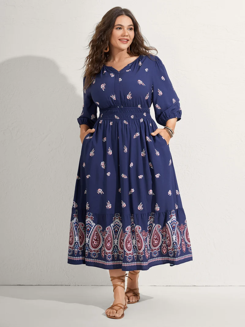 Paisley Print Shirred Waist Midi Dress