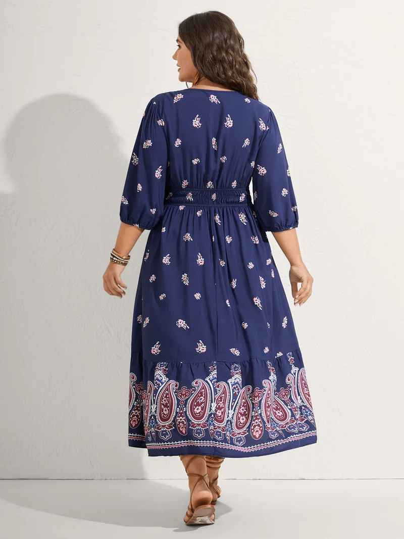 Paisley Print Shirred Waist Midi Dress