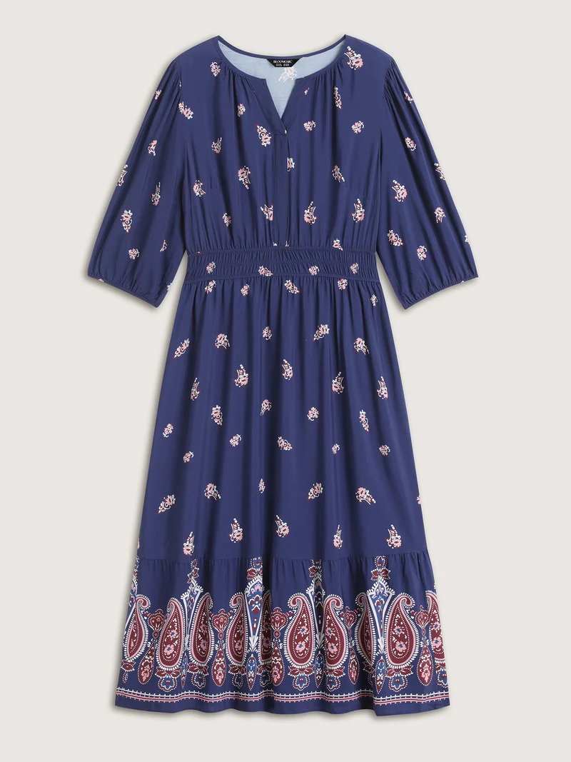 Paisley Print Shirred Waist Midi Dress