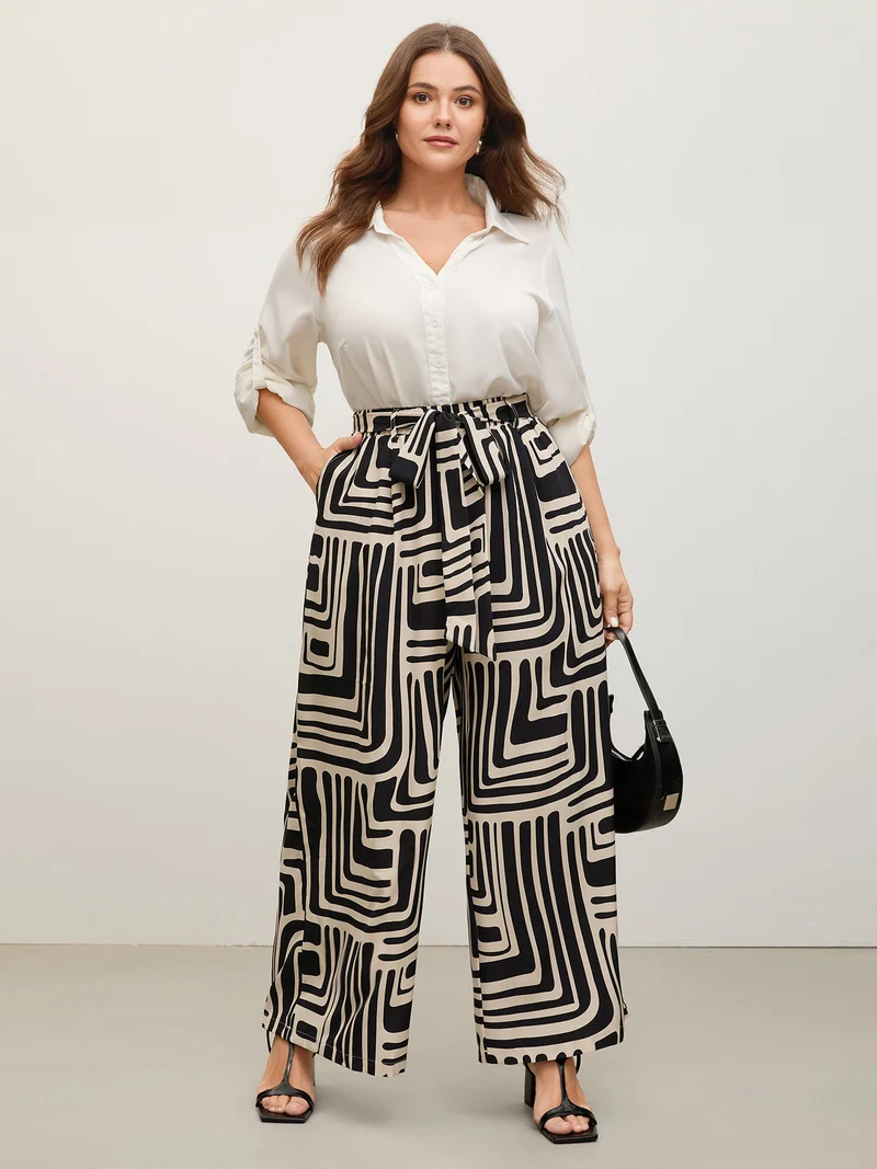Geometric Print Wide-Leg Belted Pants