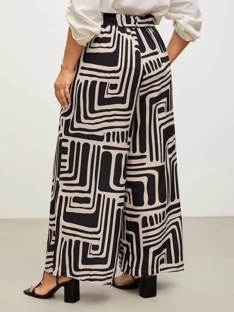 Geometric Print Wide-Leg Belted Pants