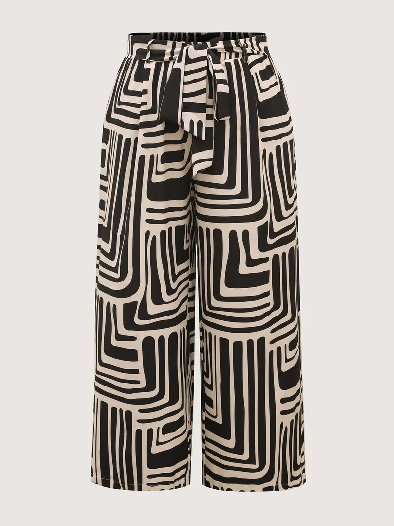 Geometric Print Wide-Leg Belted Pants