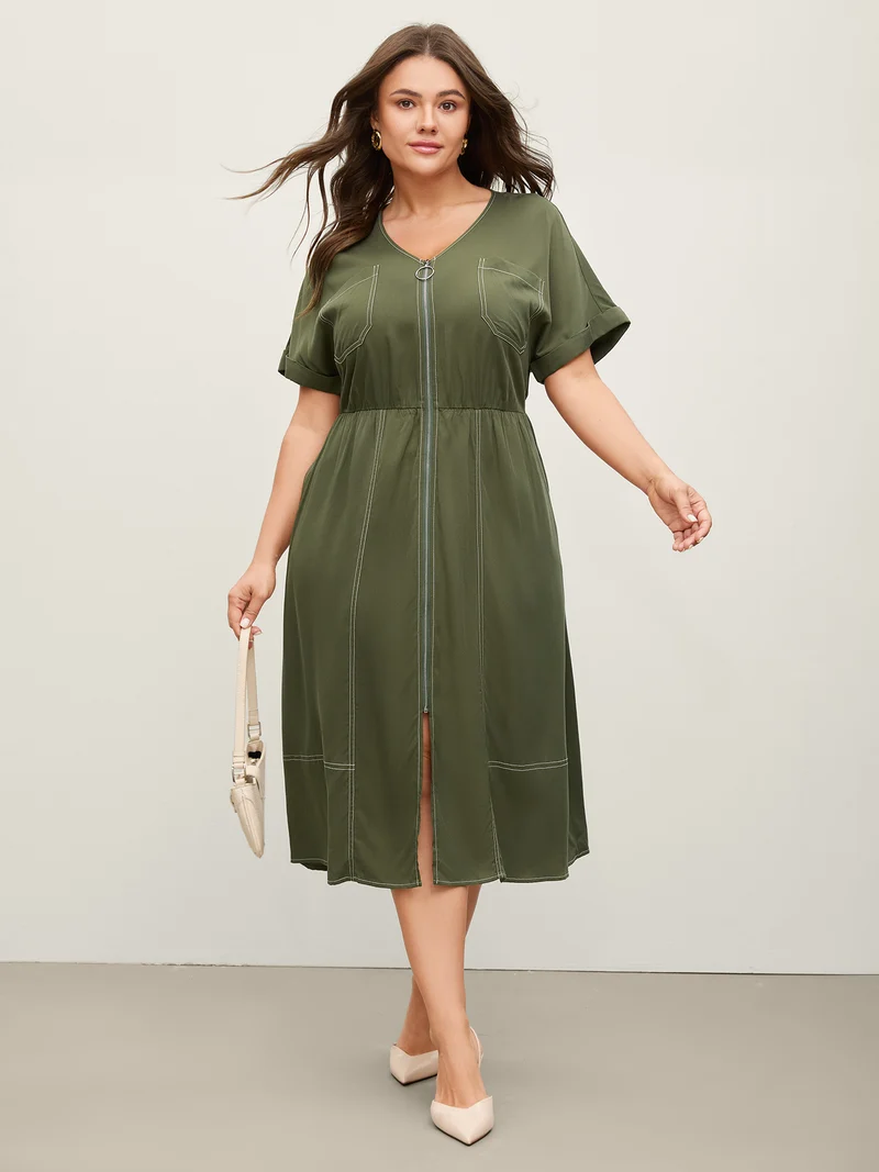 Monochrome Zipper Front Pockets Midi Dress