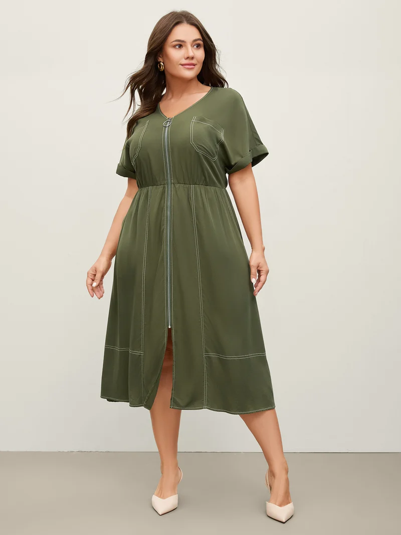 Monochrome Zipper Front Pockets Midi Dress