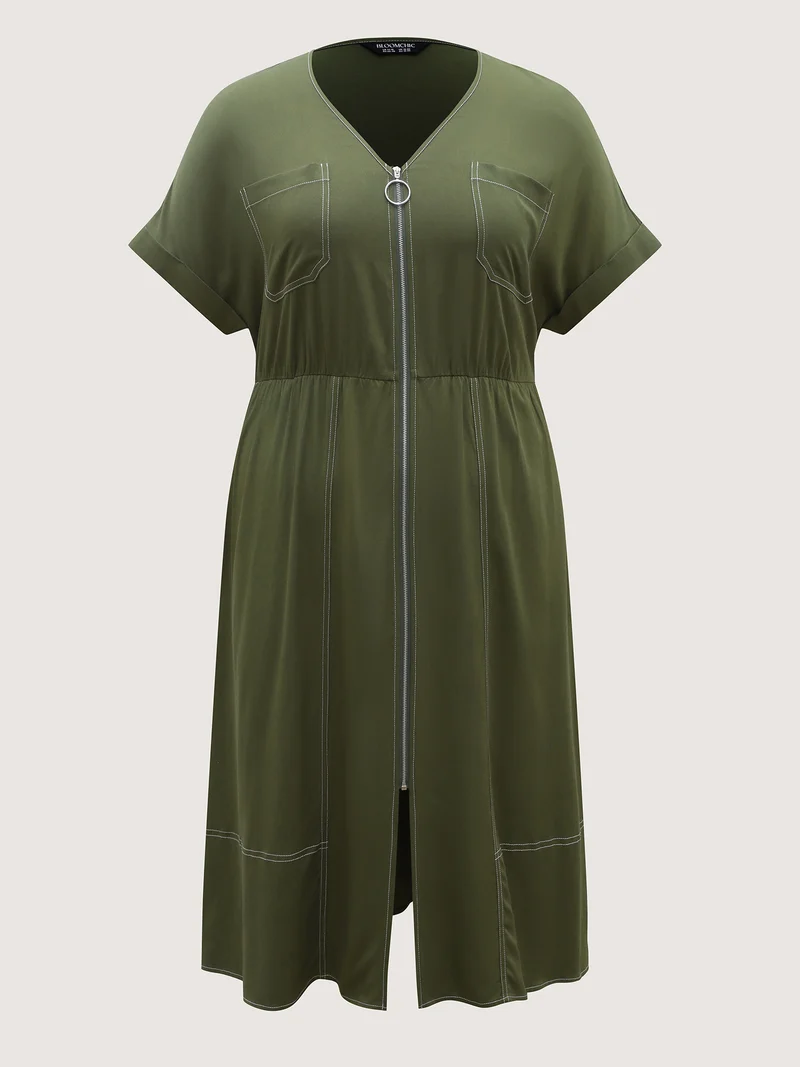 Monochrome Zipper Front Pockets Midi Dress