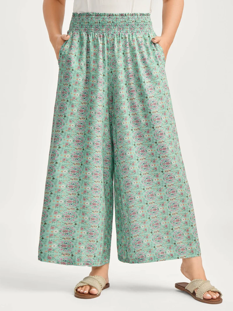 Shirred Waist Floral Print Wide-Leg Pants