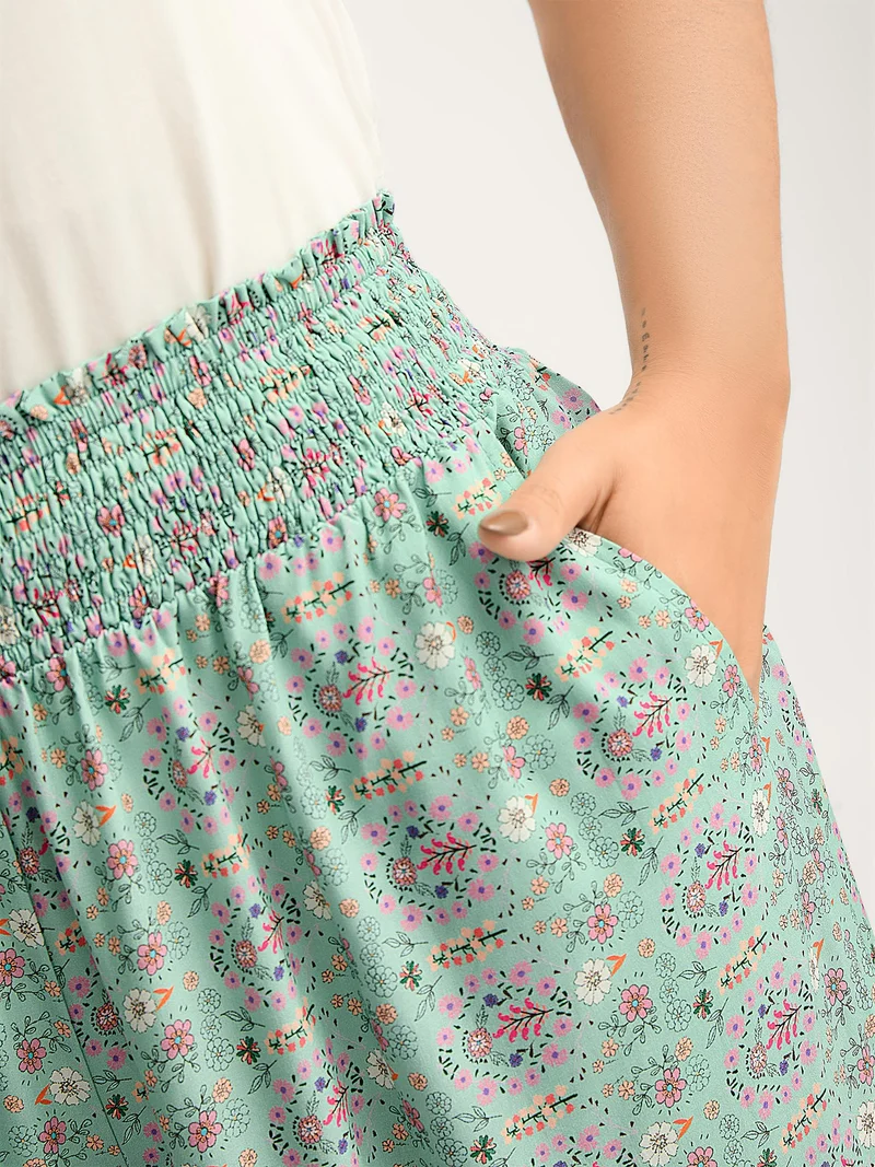 Shirred Waist Floral Print Wide-Leg Pants