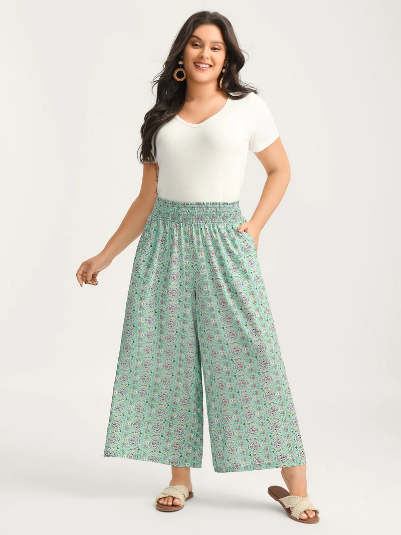 Shirred Waist Floral Print Wide-Leg Pants