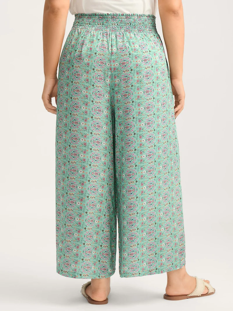 Shirred Waist Floral Print Wide-Leg Pants