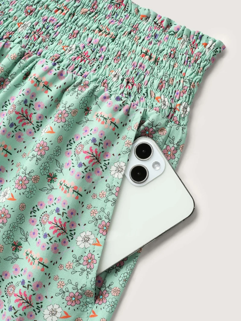 Shirred Waist Floral Print Wide-Leg Pants