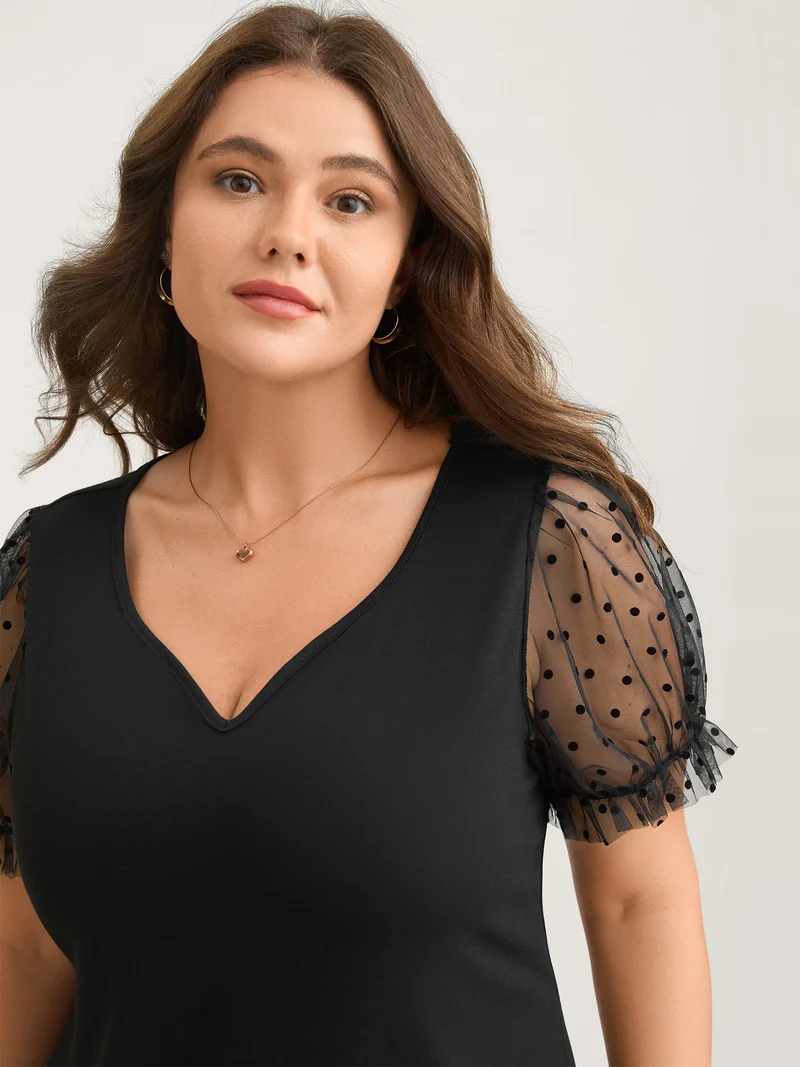 Stretchy Sheer Textured Sleeve Solid T-Shirt