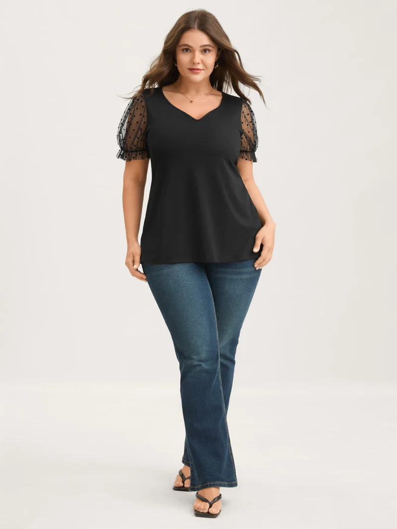 Stretchy Sheer Textured Sleeve Solid T-Shirt