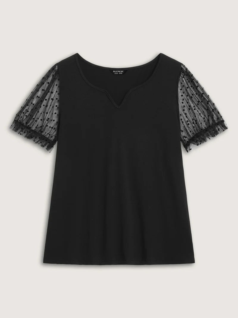 Stretchy Sheer Textured Sleeve Solid T-Shirt