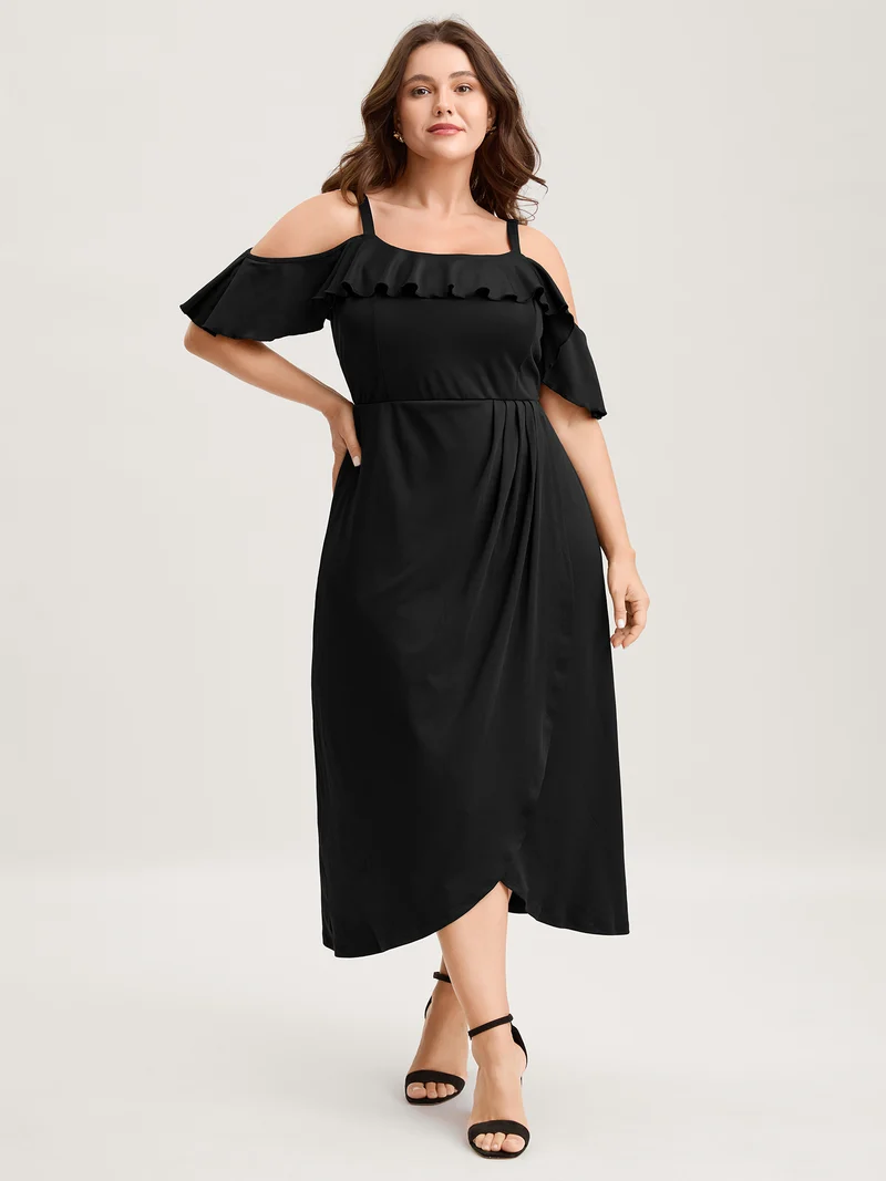 Pleated Ruffled Off-Shoulder Midi Dress