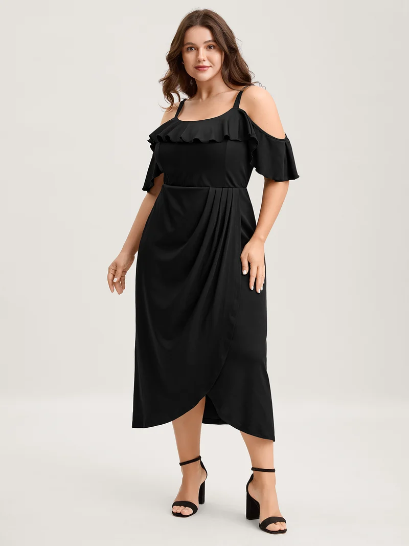 Pleated Ruffled Off-Shoulder Midi Dress