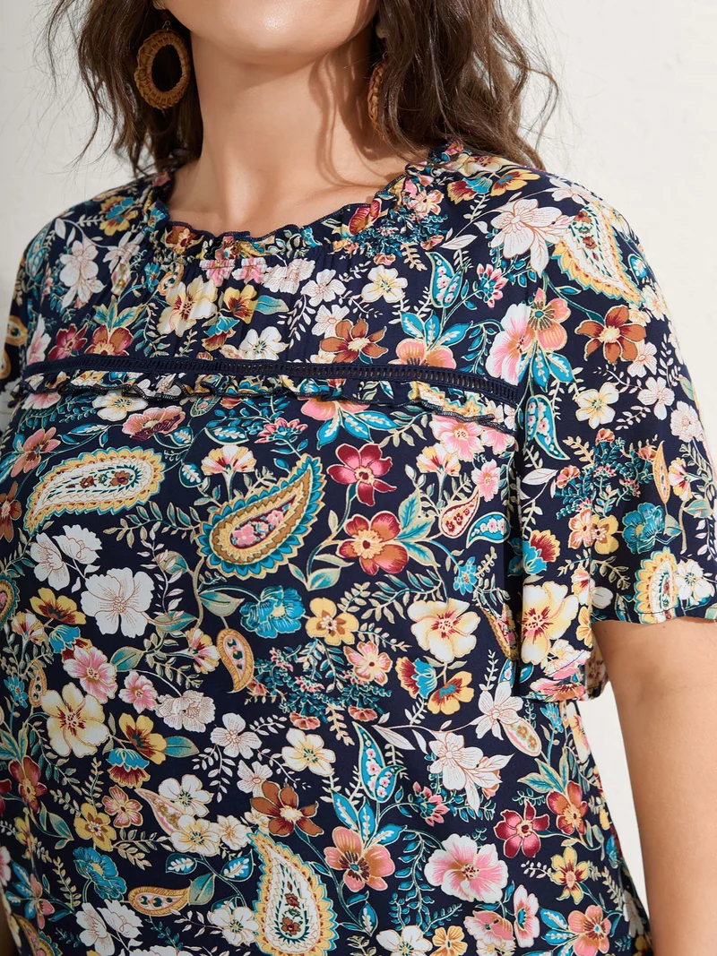 Paisley Print Lace Ruffled Blouse