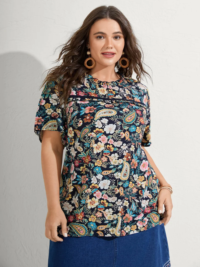 Paisley Print Lace Ruffled Blouse