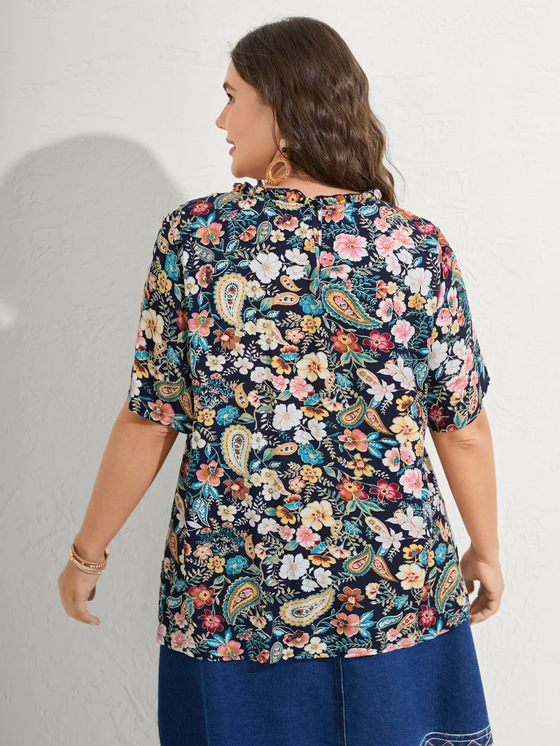 Paisley Print Lace Ruffled Blouse