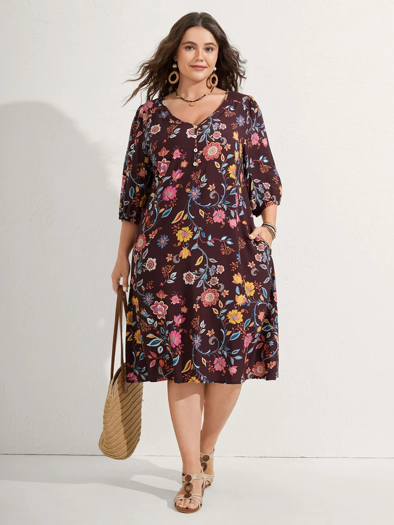 Rayon Boho Floral Placket Midi Dress