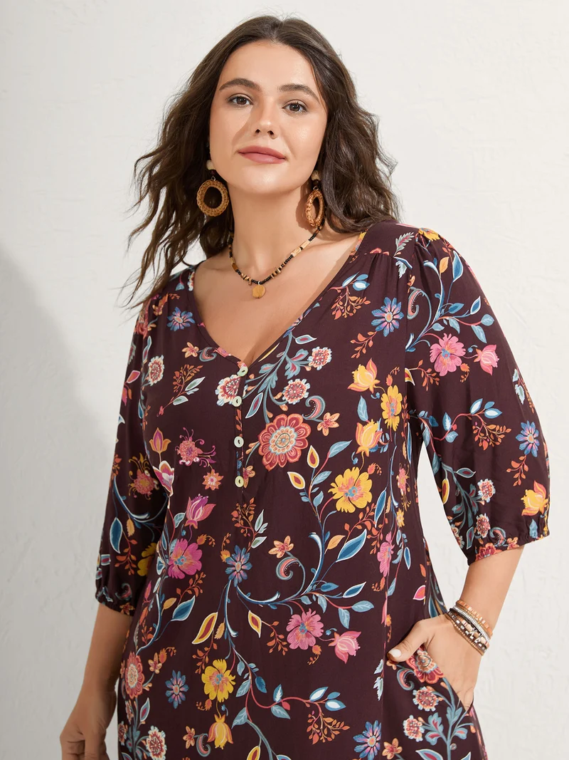 Rayon Boho Floral Placket Midi Dress