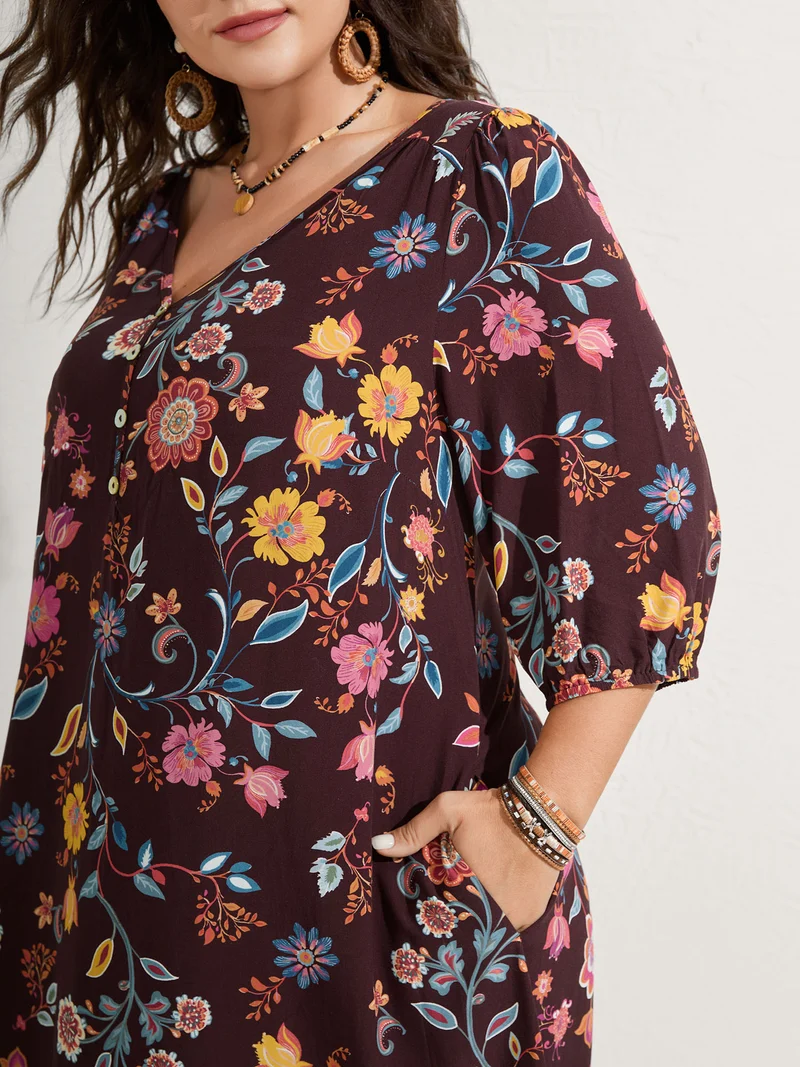Rayon Boho Floral Placket Midi Dress