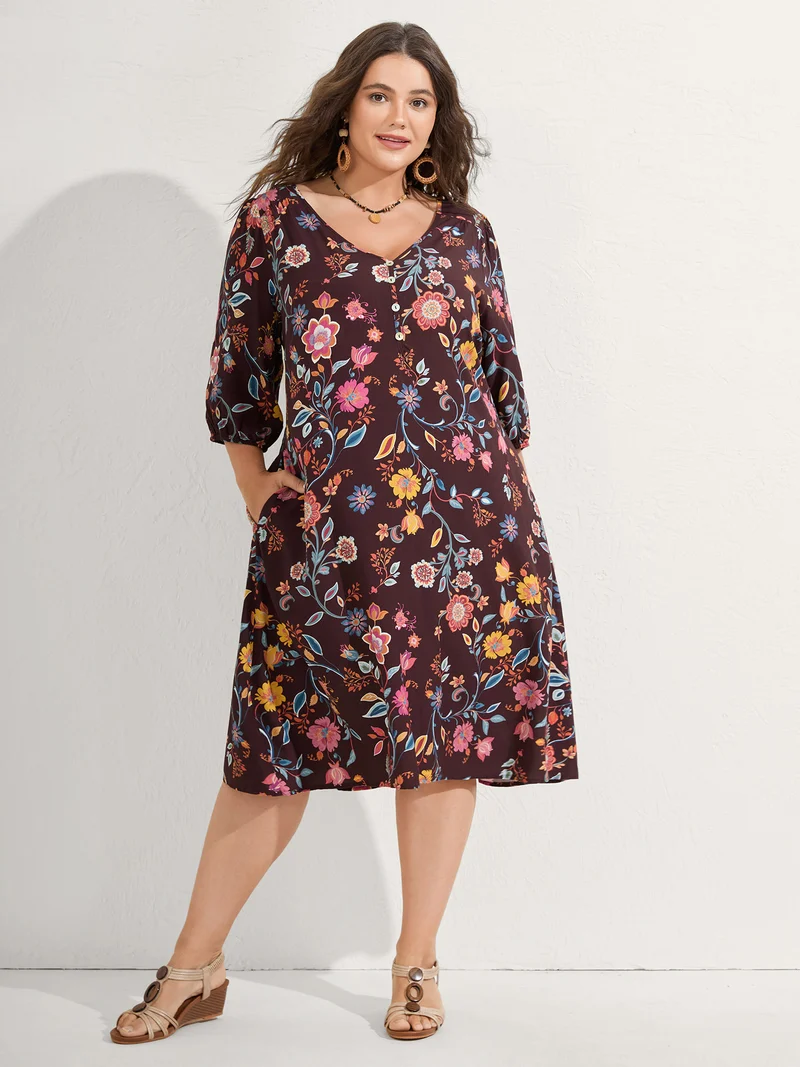Rayon Boho Floral Placket Midi Dress