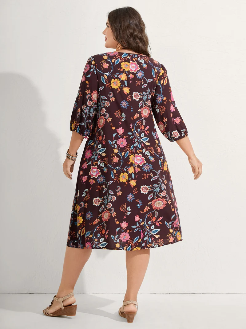 Rayon Boho Floral Placket Midi Dress