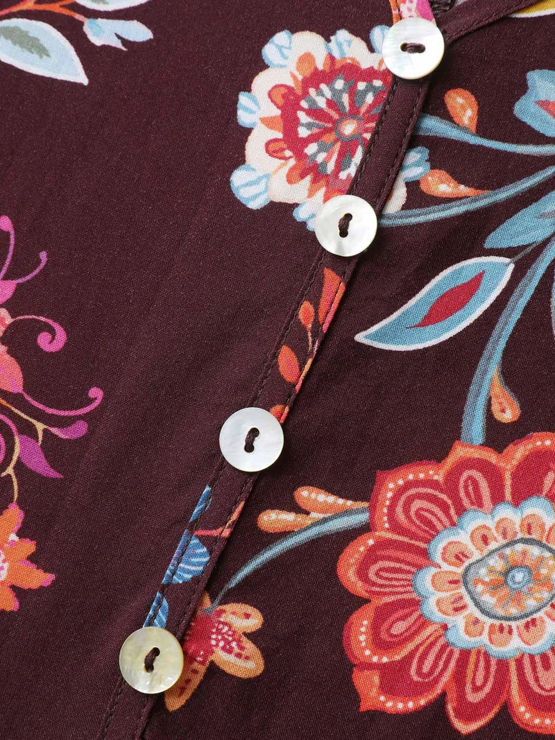 Rayon Boho Floral Placket Midi Dress