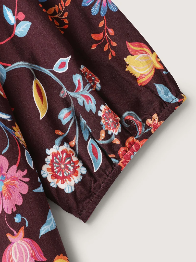 Rayon Boho Floral Placket Midi Dress