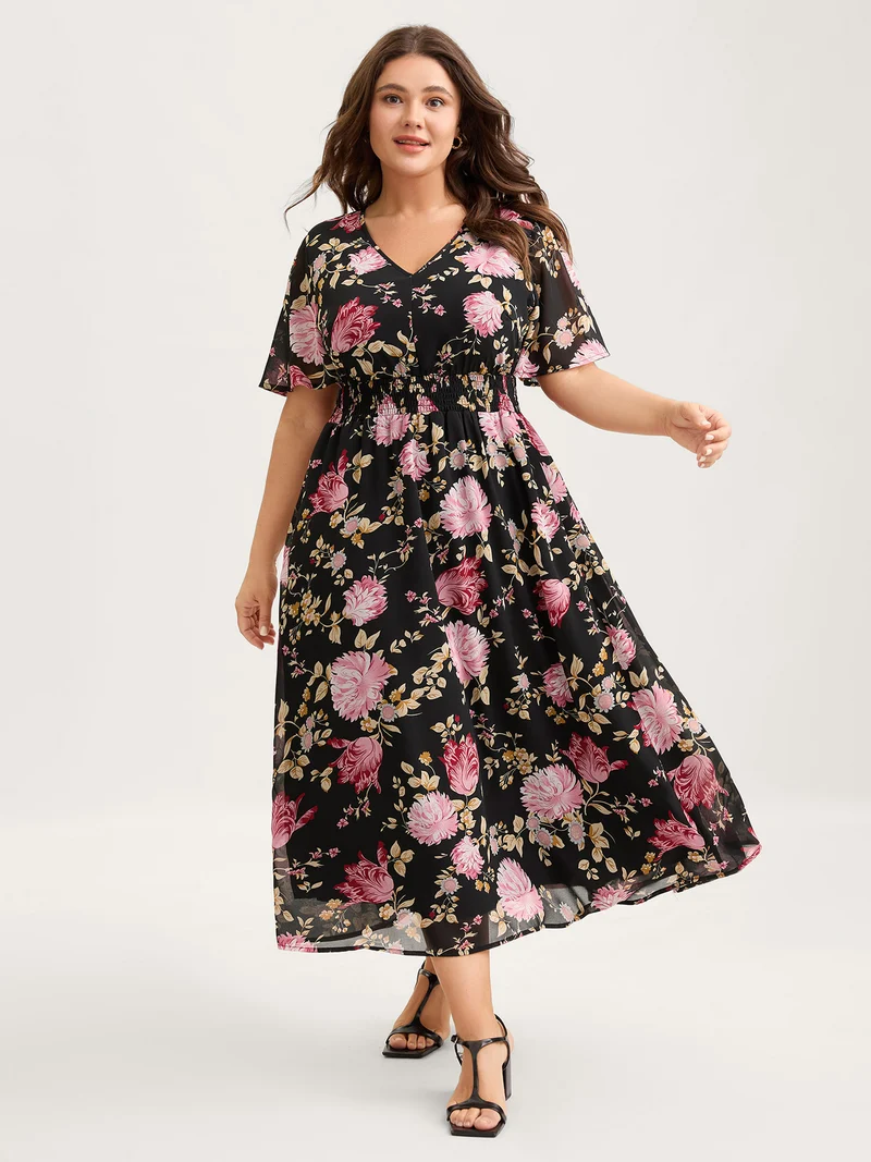 Sweet Floral Shirred Waist Cinched Midi Dress
