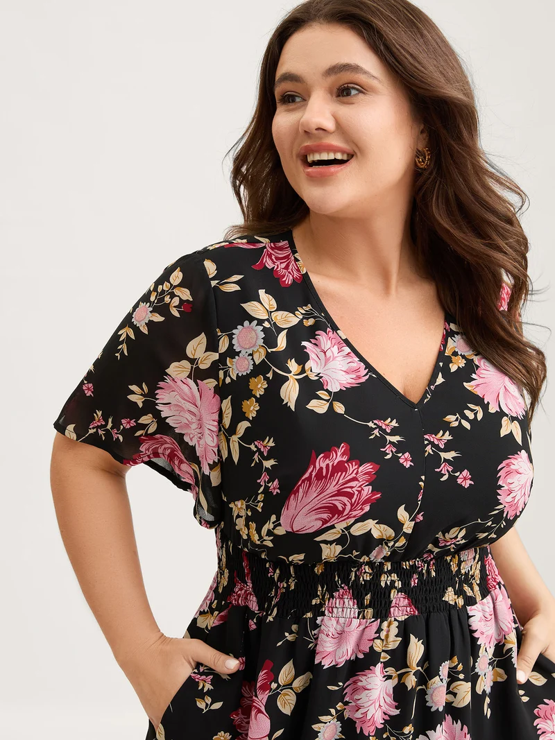 Sweet Floral Shirred Waist Cinched Midi Dress