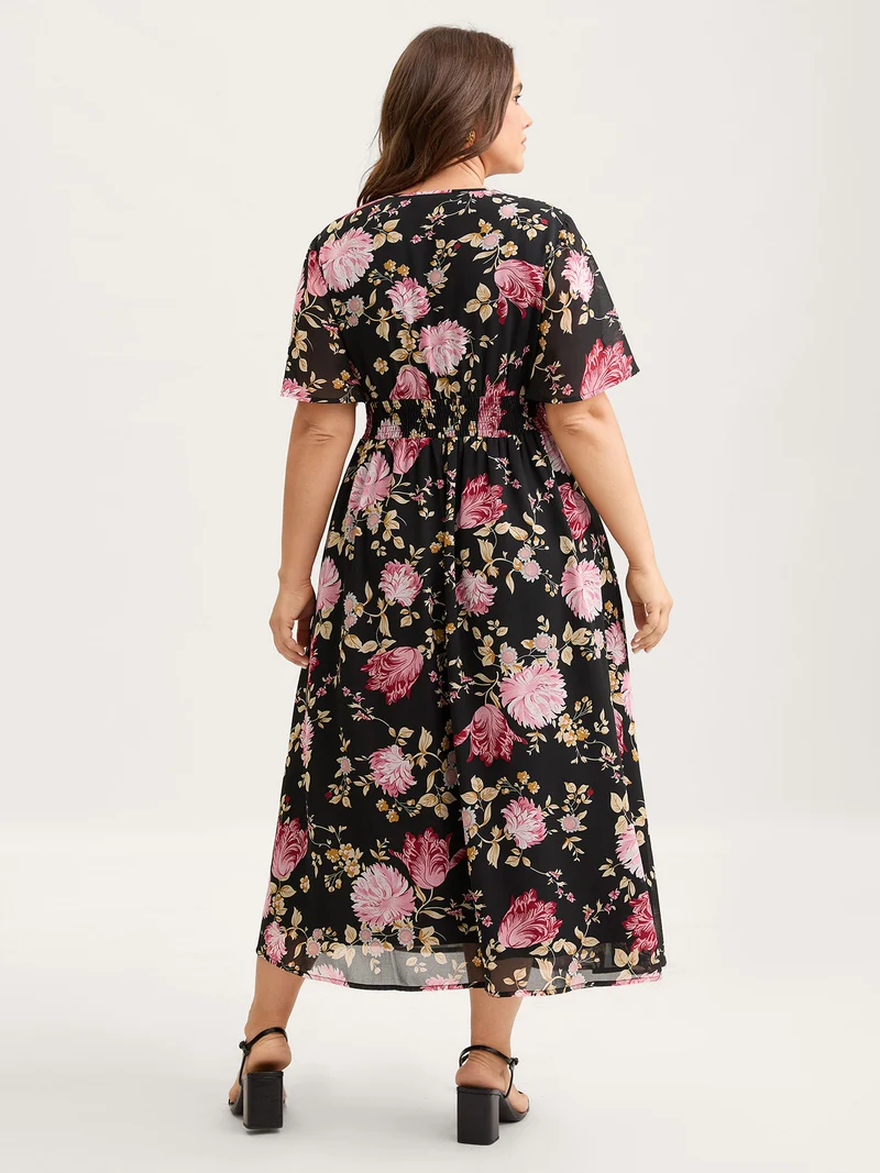 Sweet Floral Shirred Waist Cinched Midi Dress