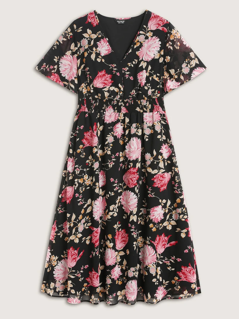 Sweet Floral Shirred Waist Cinched Midi Dress